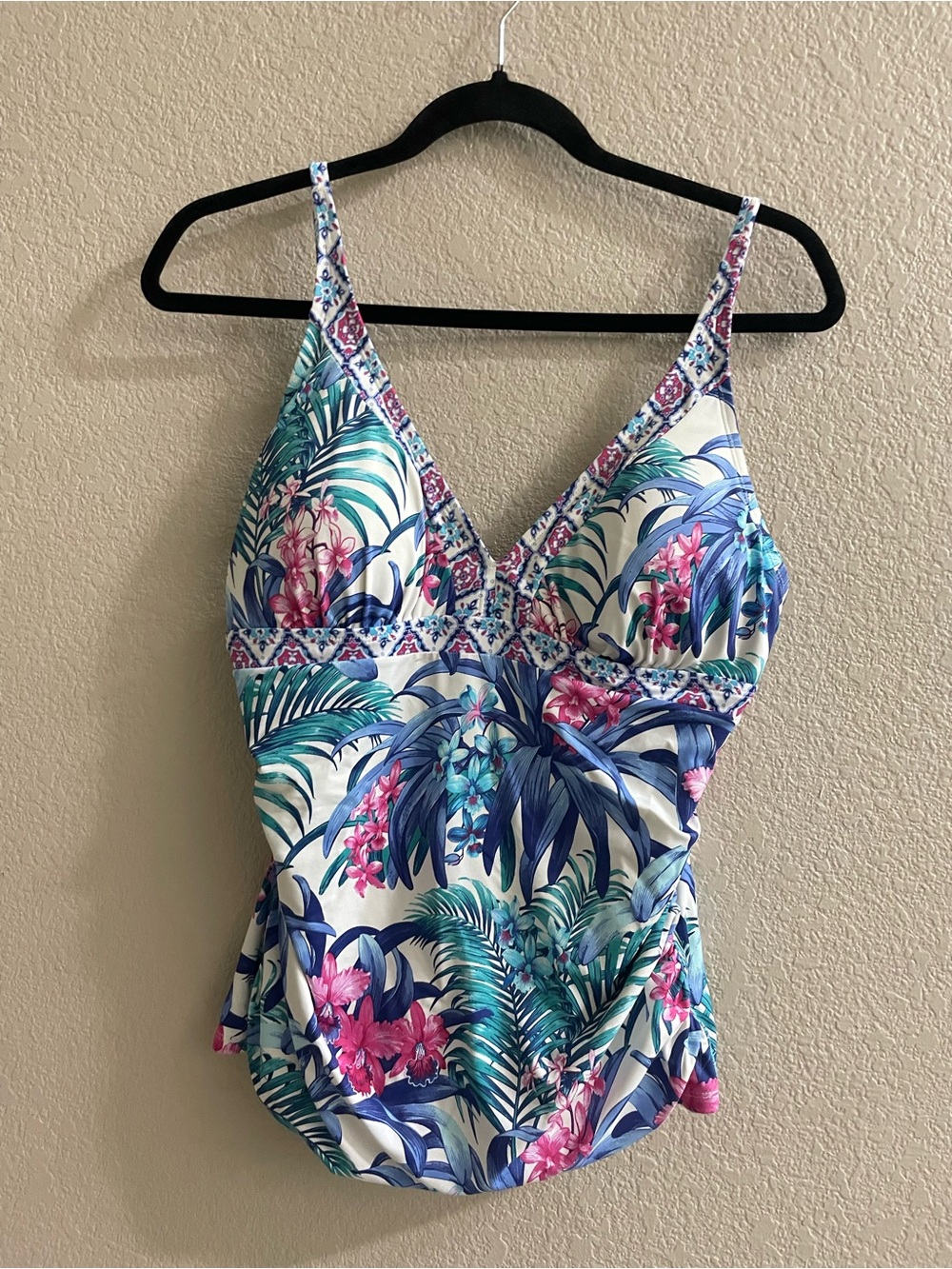 Tommy Bahama Tankini Top Blue Green Floral Palm Print Ruched Longline M